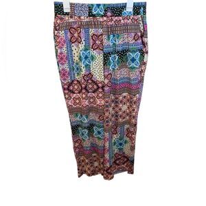 SUNNY LEIGH Colorful Patchwork Design Palazzo Linen Rayon Blend Pants